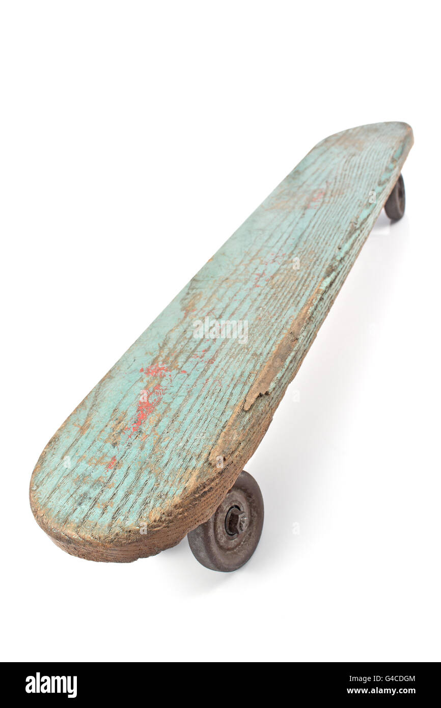 Old wooden skateboard isolated on white Stock Photo