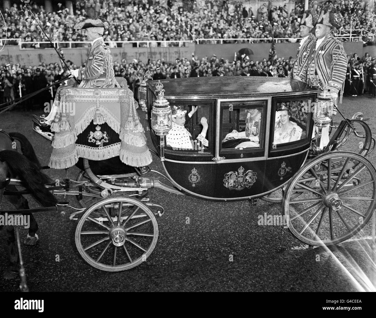 The Duke of Kent and Princess Alexandra of Kent in the Glass Coach in the procession from Westminster Abbey to Buckingham Palace after the Coronation of Queen Elizabeth II. Stock Photo