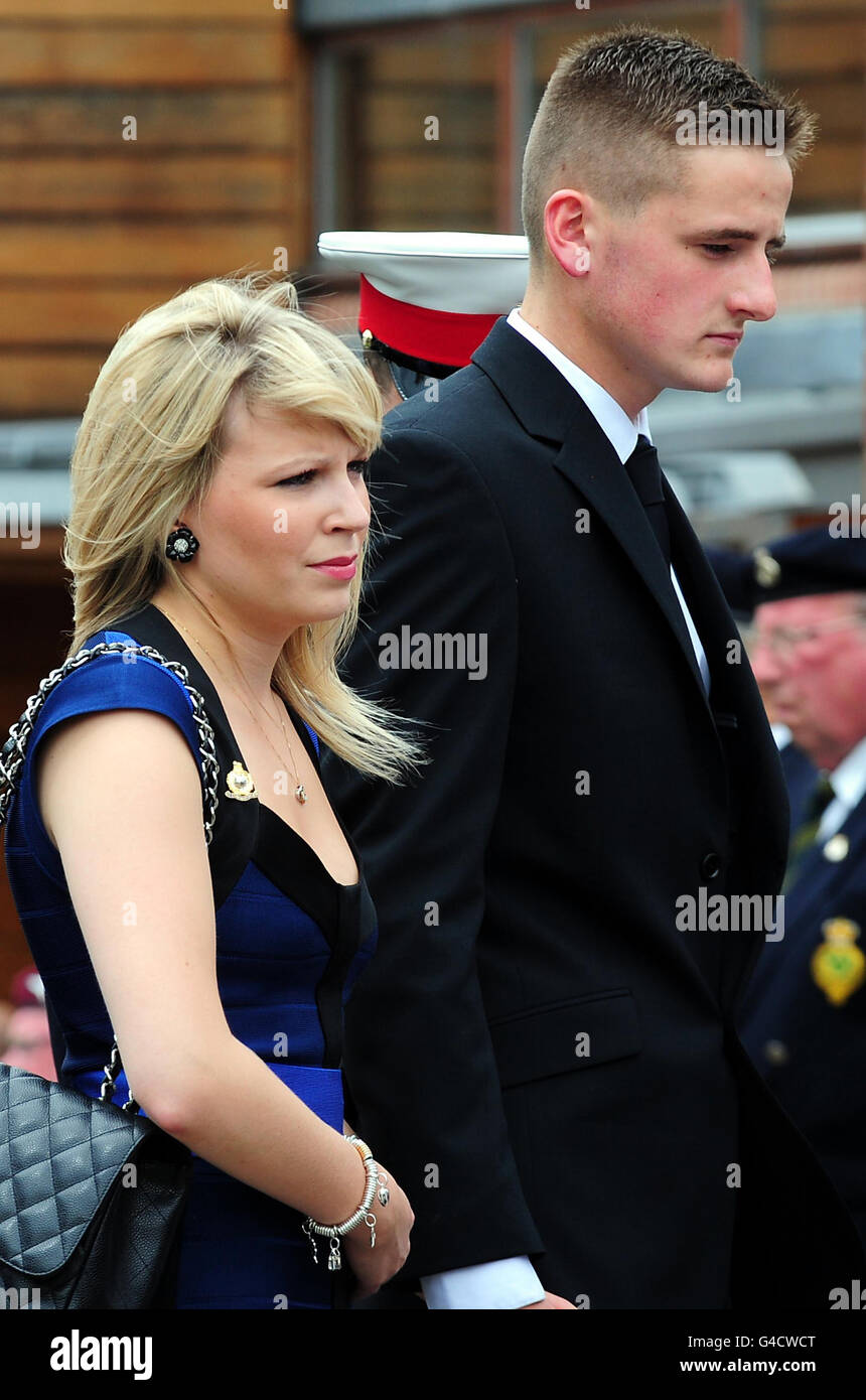 Lance Corporal Martin Gill's girlfriend Lauren Jacques (22) and brother John Daniel after his funeral service at the Church of the Good Shepherd, Nottingham. Stock Photo