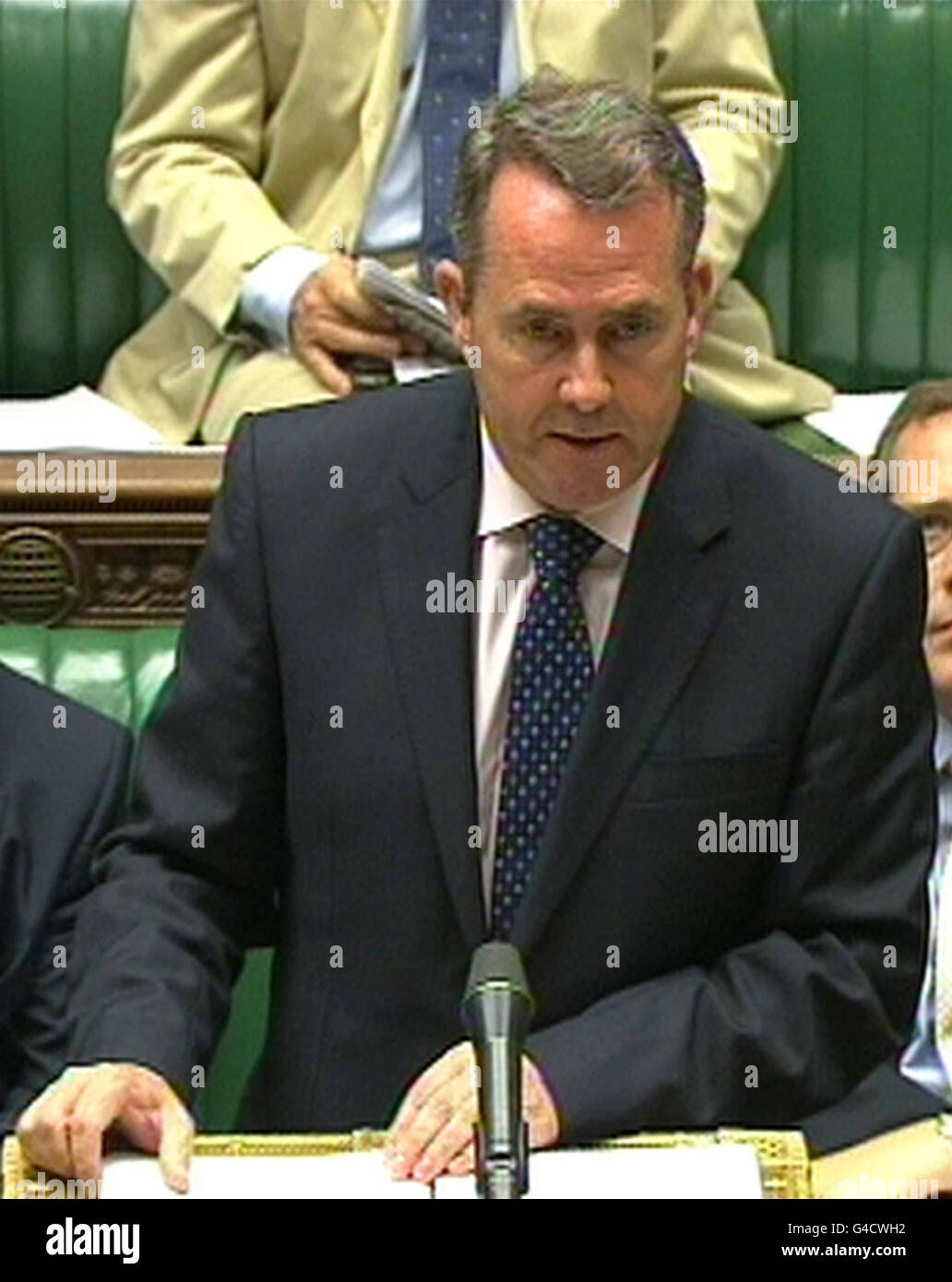 Defence secretary Liam Fox speaks in the House of Commons, London, after he pledged an end to waste and lack of control over major projects at the Ministry of Defence (MoD) as he backed plans for a radical overhaul in organisation and management of the Whitehall department. Stock Photo