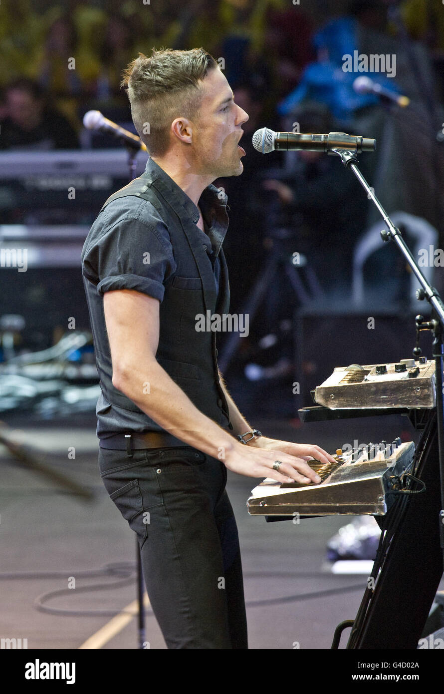 Brandon Flowers of The Killers performing onstage at Hard Rock Calling