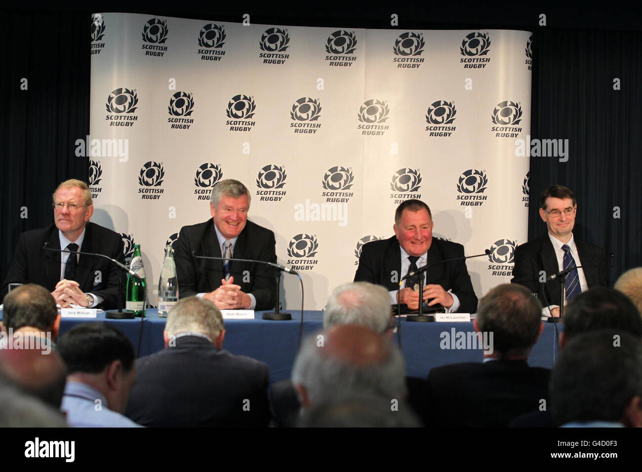 Scottish Rugby Union members Jock Millican (Non-Executive Director and Chief Executive), Allan Munro (Chairman), Ian McLauchlan (president) and Graham Ireland (Union/Company Secretary and Head of Legal & Governance) during the Scottish Rugby Union AGM at Murrayfield, Edinburgh. Stock Photo