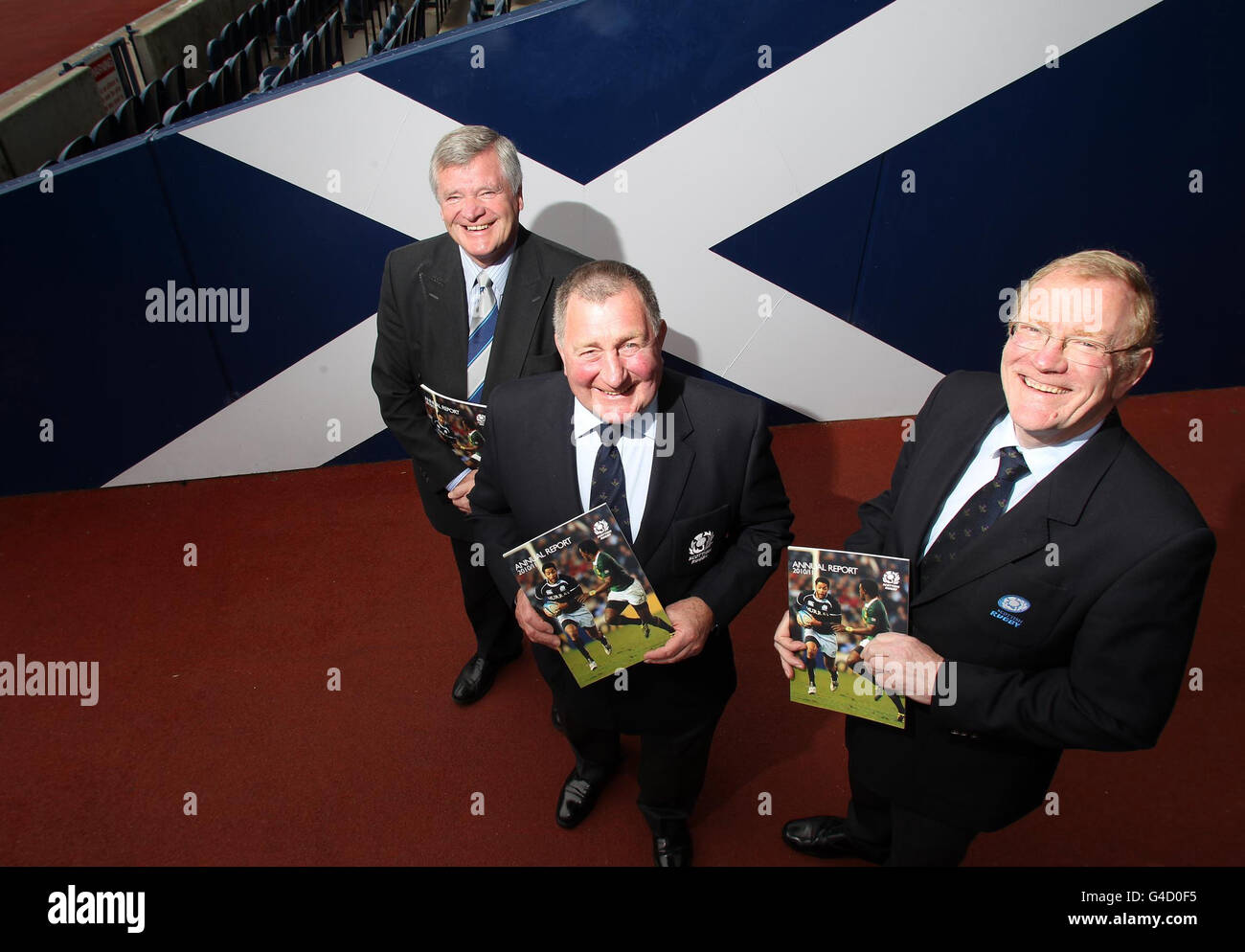 Scottish Rugby Union members Allan Munro (Chairman), Ian McLauchan (president) and Jock Millican (Non-Executive Director and Chief Executive) during the Scottish Rugby Union AGM at Murrayfield, Edinburgh. Stock Photo