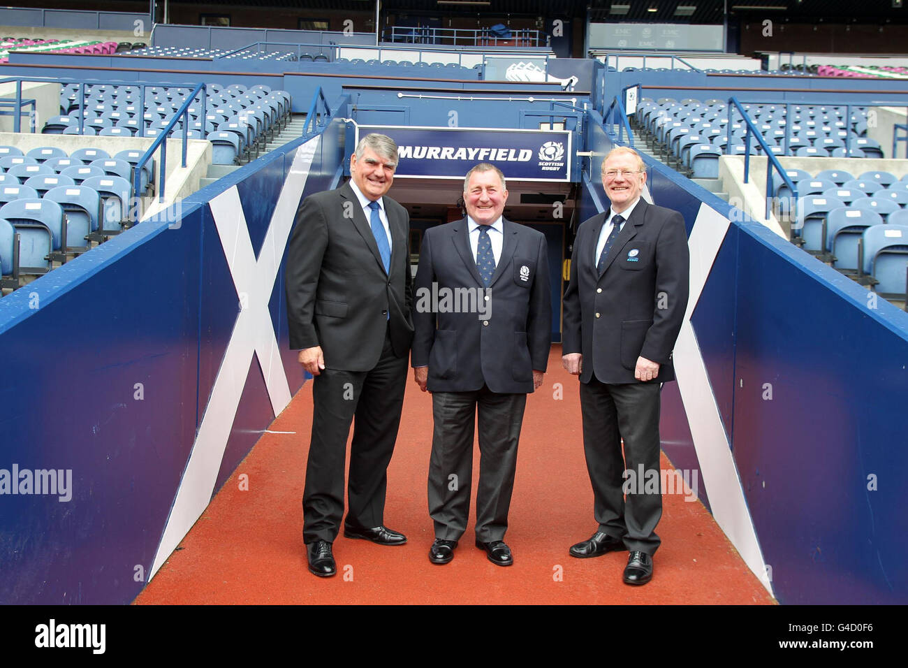 Scottish Rugby Union members Sir Moir Lockhead, Ian McLauchan (president) and Jock Millican (Non-Executive Director and Chief Executive) pose for photos prior to the Scottish Rugby Union AGM at Murrayfield, Edinburgh. Stock Photo