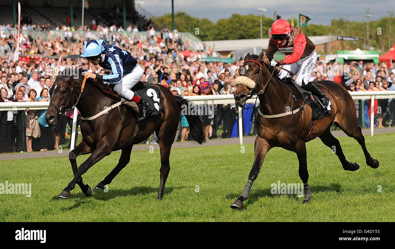 Tres Coronas (left) ridden by Lee Newman wins The Try totequickpick On All totepool Bets Handicap ahead of San Cassiano and jockey PJ McDonald during John Smiths Northumberland Plate Day at Newcastle Racecourse, Newcastle. Stock Photo