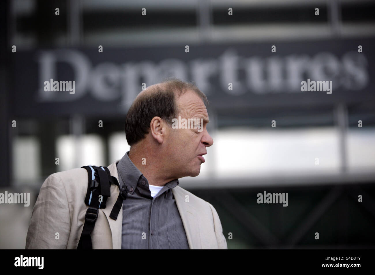 Bill Hawker, the father of British teacher, Lindsay Ann Hawker who was murdered in Japan arrives at Terminal 3 of Heathrow Airport, London, as the Hawker family leave for Japan. Stock Photo