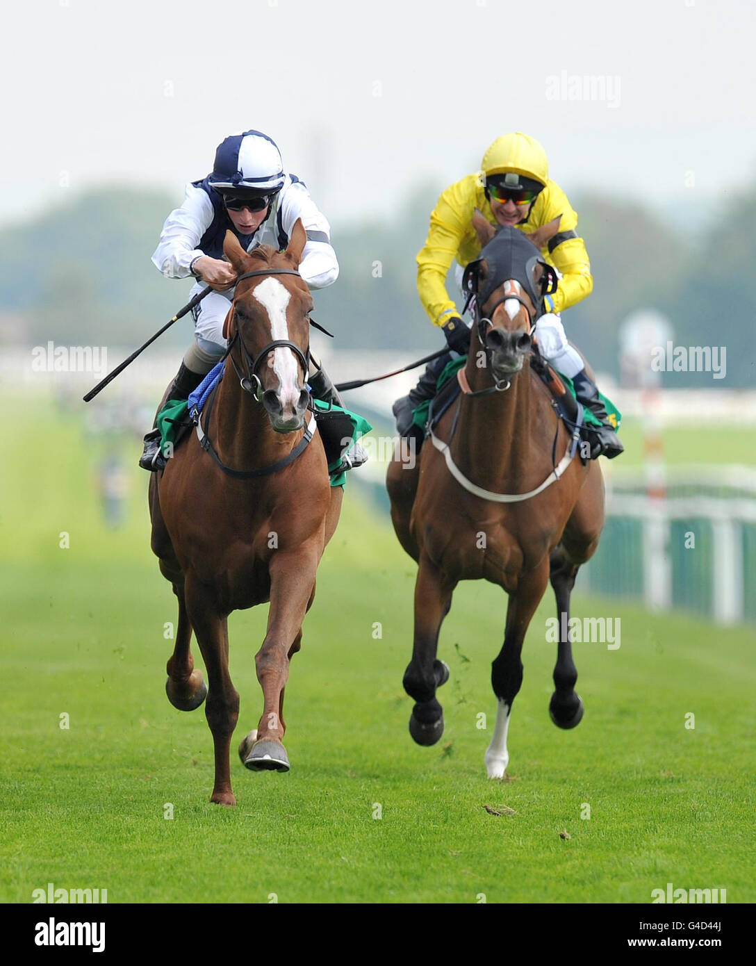 Gertrude Bell (left) ridden by William Buick wins The Bet 365 Lancashire Oaks from Polly's Mark ridden by Philip Robinson during the bet365 Old Newton Cup Day at Haydock Park Racecourse, Newton-le-Willows. Stock Photo