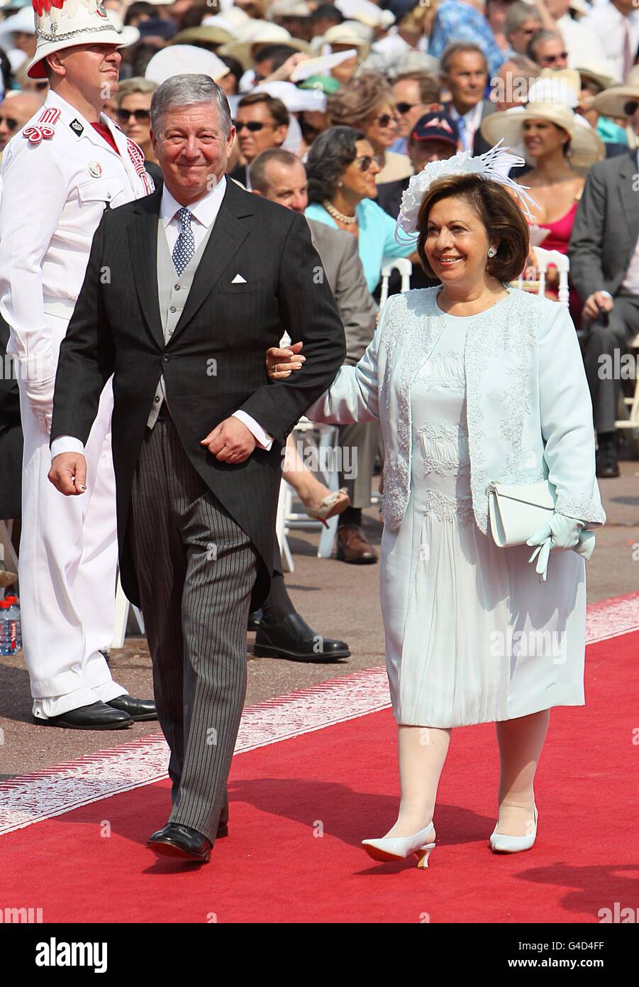Crown Princess Katherine of Serbia and Crown Prince Alexander II of Serbia arriving for the wedding of Prince Albert II of Monaco and Charlene Wittstock at the Place du Palais. Stock Photo