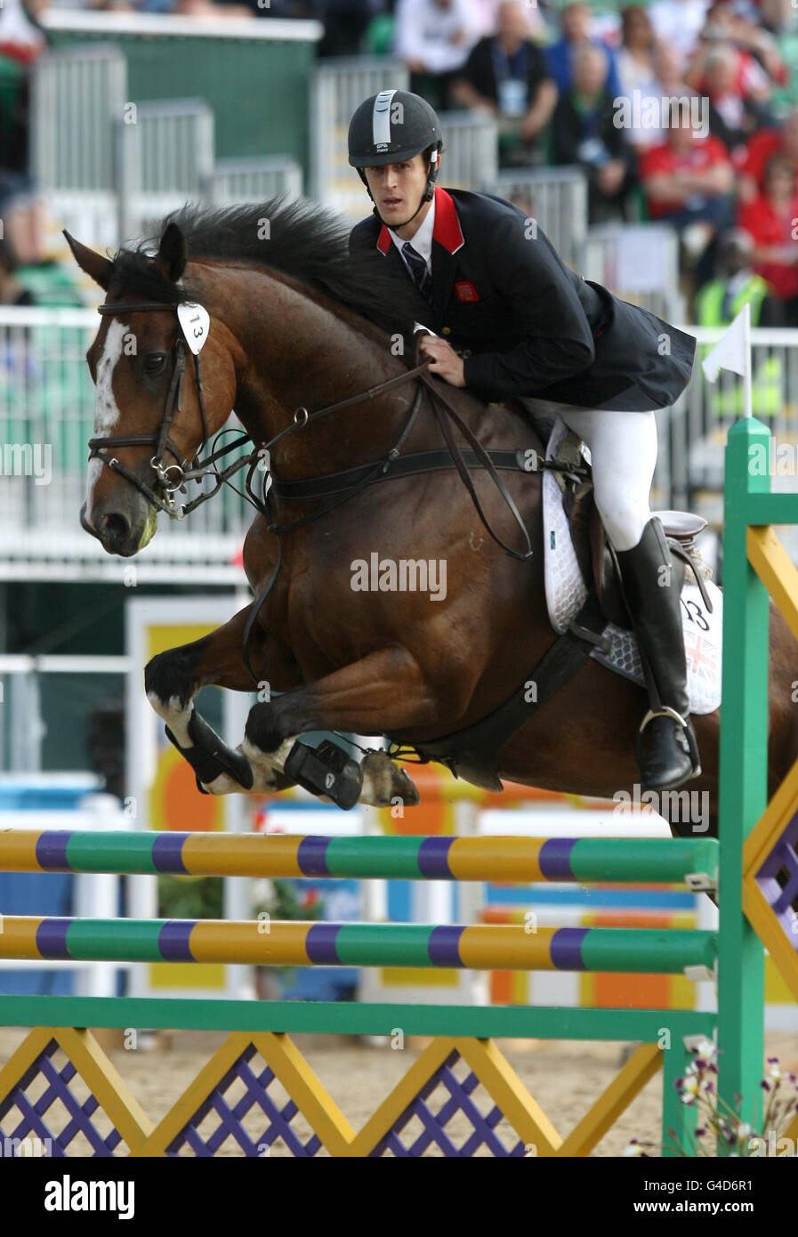 Great Britain's Nicolas Woodbridge riding Liberty XII competes in the Show Jumping section during the Modern Pentathlon World Cup Finals at Crystal Palace, London. Stock Photo