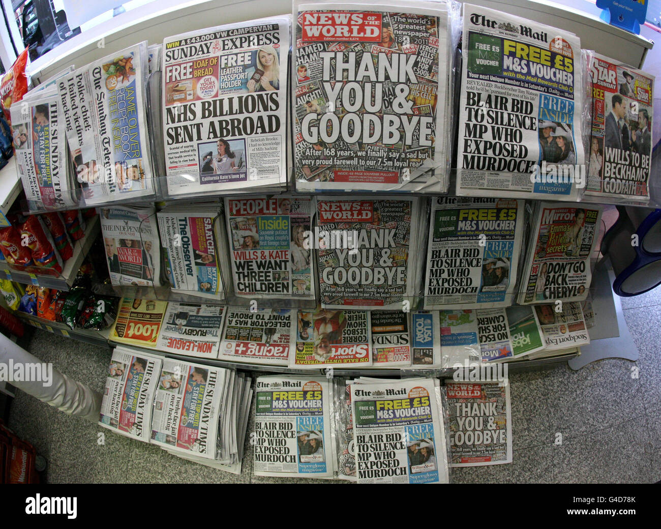 The final copy of the News of the World newspaper on sale in a shop in Stockport. Stock Photo