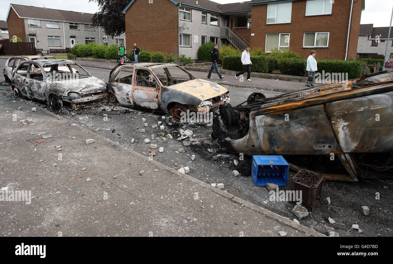 The scene in Ballyclare Co Antrim, after a night of loyalist rioting ...