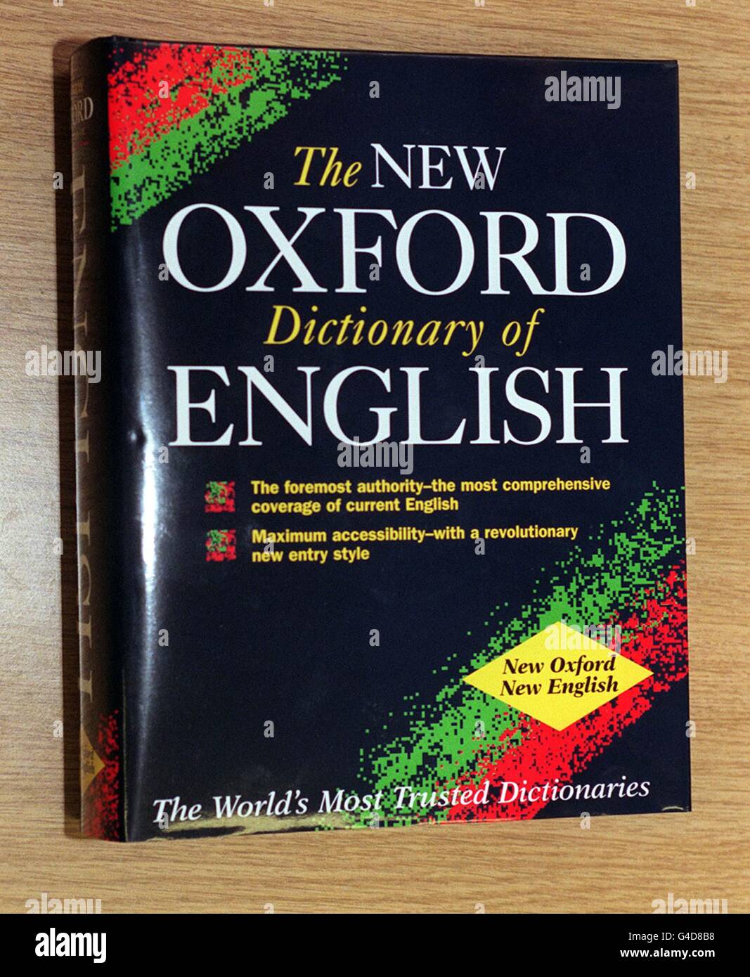 The front cover of the latest edition of the New Oxford Dictionary of English which is due to be launched tomorrow (Thursday). Prozac, hippy dippy, tamagotchi and Blair are among thousands of new words and phrases contained in the dictionary. Photo by Fiona Hanson/PA. See PA story BOOKS Dictionary Stock Photo