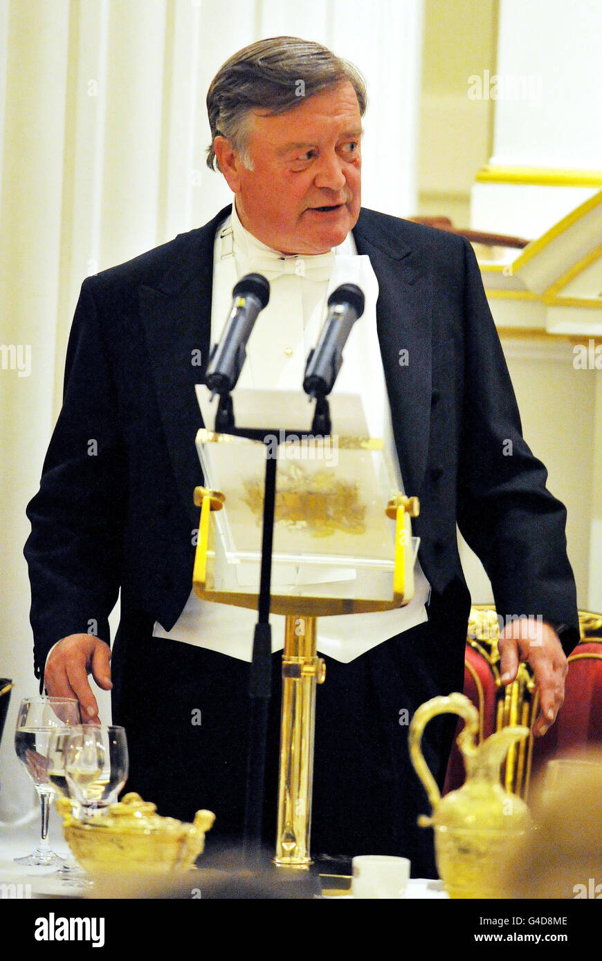 The Lord Chancellor and Secretary of State for Justice Kenneth Clarke delivers his after dinner address at the Mansion House in the City of London after the Lord Mayor of London Judges dinner. Stock Photo