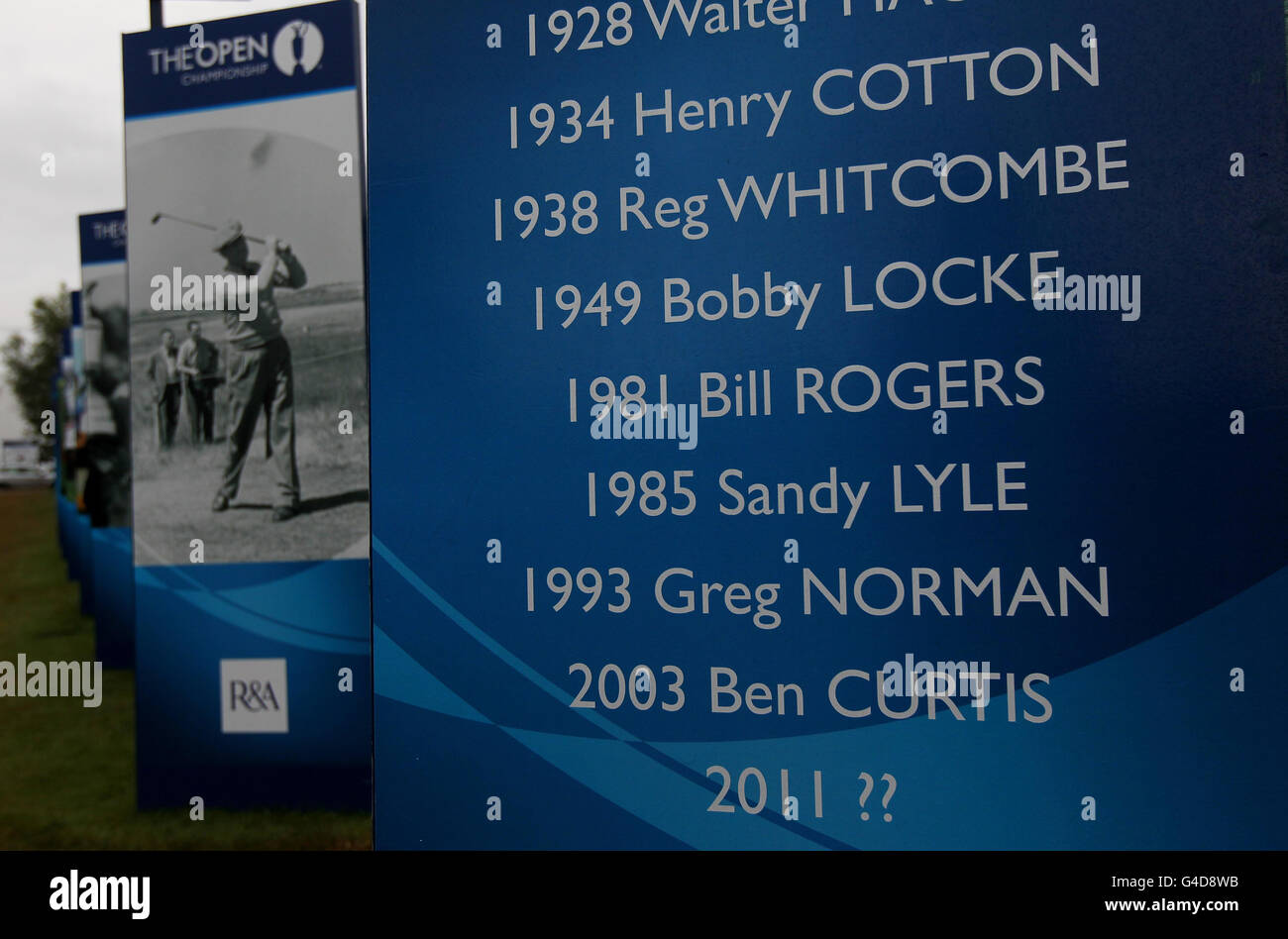 Golf - The Open Championship 2011 - Day One - Royal St George's. A board showing previous winners before the 2011 Open Championship at Royal St George's, Sandwich. Stock Photo
