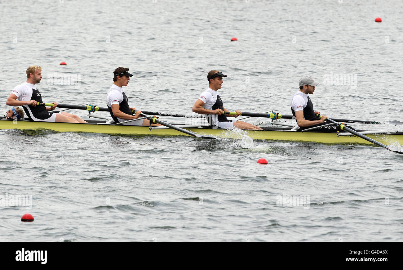 Rowley Douglas, Myles Neary, Jonathan Rankin, Jack Shepherd and Philip Williams of Molesey Boat Club win the Open Coxed Fours event during day three of the British Rowing Championships 2011 at Holme Pierrepont National Watersports Centre, Nottingham Stock Photo