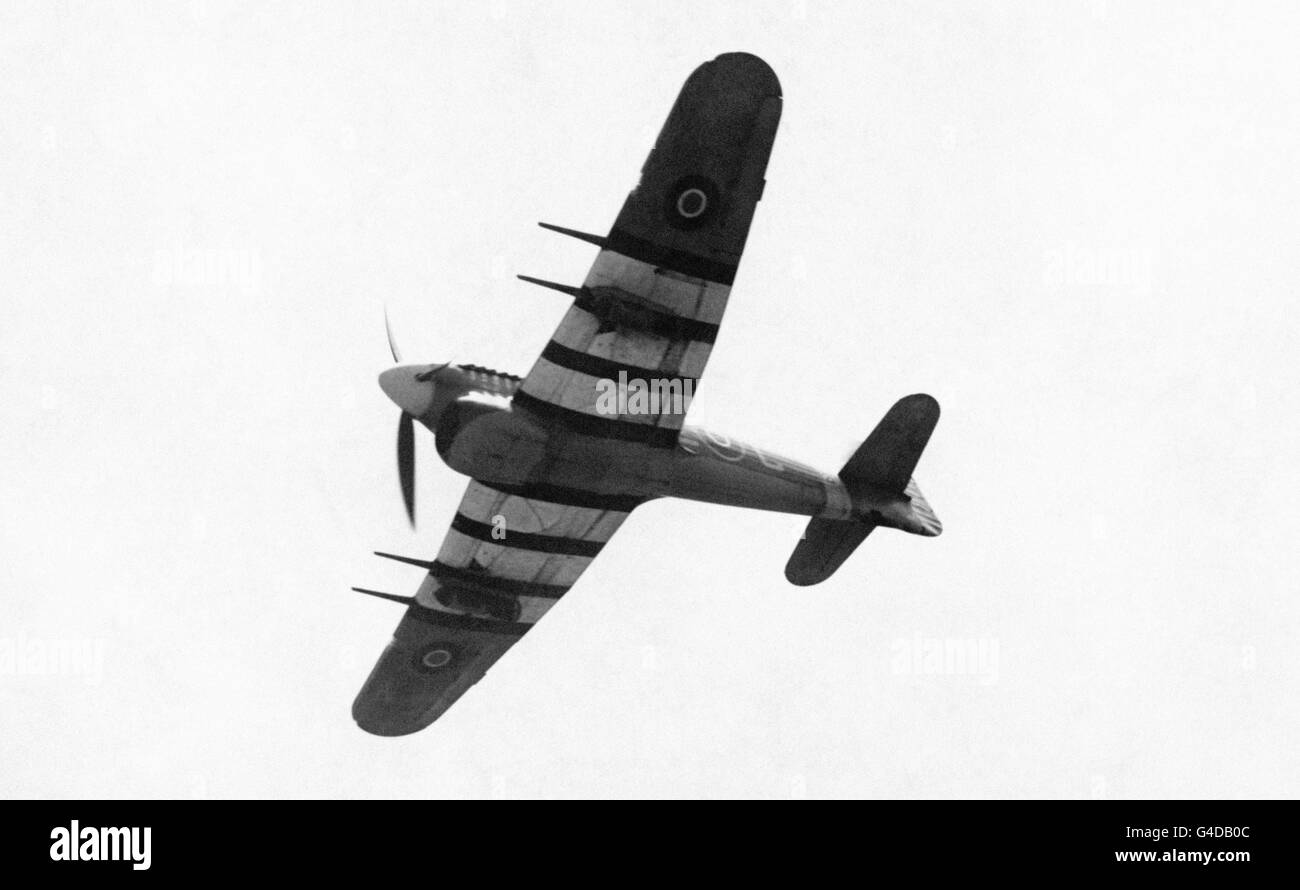 A Mk1b Hawker Typhoon, a British single-seat fighter-bomber, produced by Hawker Aircraft. Though meant to replace the Hawker Hurricane as a mid high-level interceptor, it was not completely successful in this role. But it quickly became the outstanding ground attack and support aircraft of the war. Stock Photo