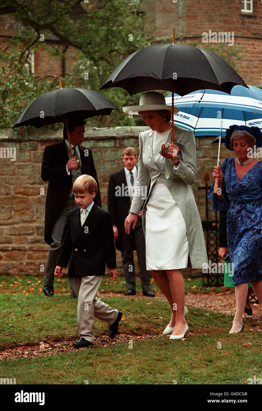 Library file date 16/9/89 of the Princess of Wales with her eldest son Prince William arriving for the wedding of her brother Viscount Althorp to Victoria Lockwood at the Virign Church in Brington, Northants. Prince William celelbrates his 16th birthday this Sunday (June 21). PA picture Stock Photo