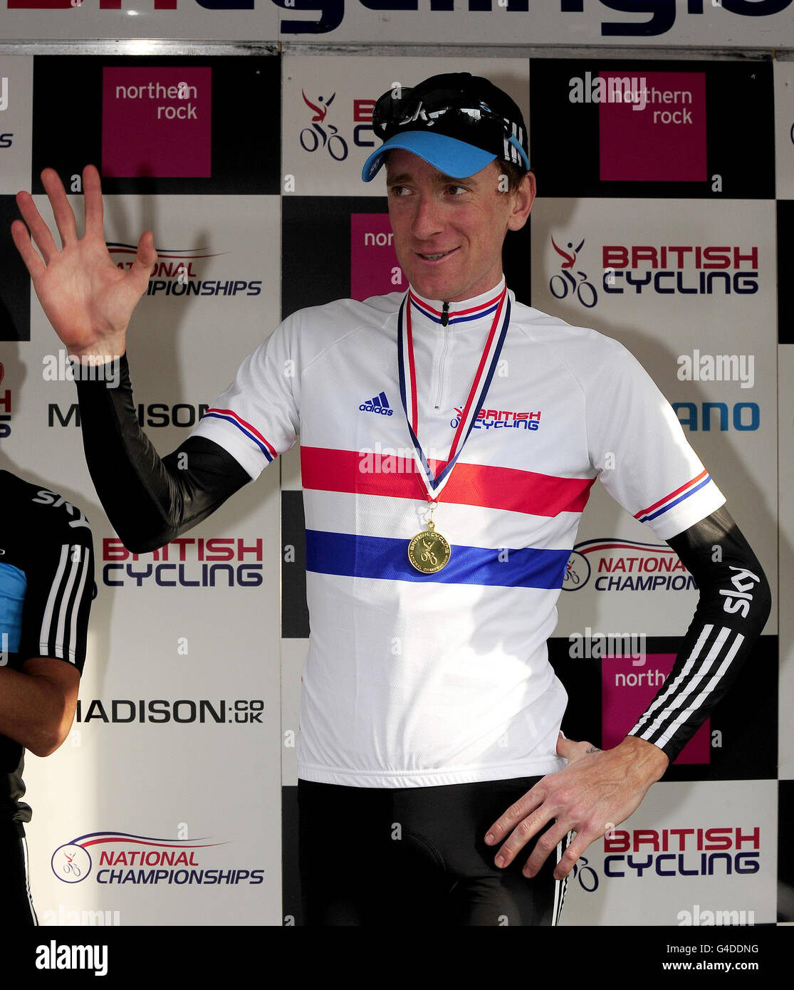 Bradley Wiggins in his National Champions Jersey following his victory in the Men's National Elite Road Race Championships in Stamfordham. Stock Photo