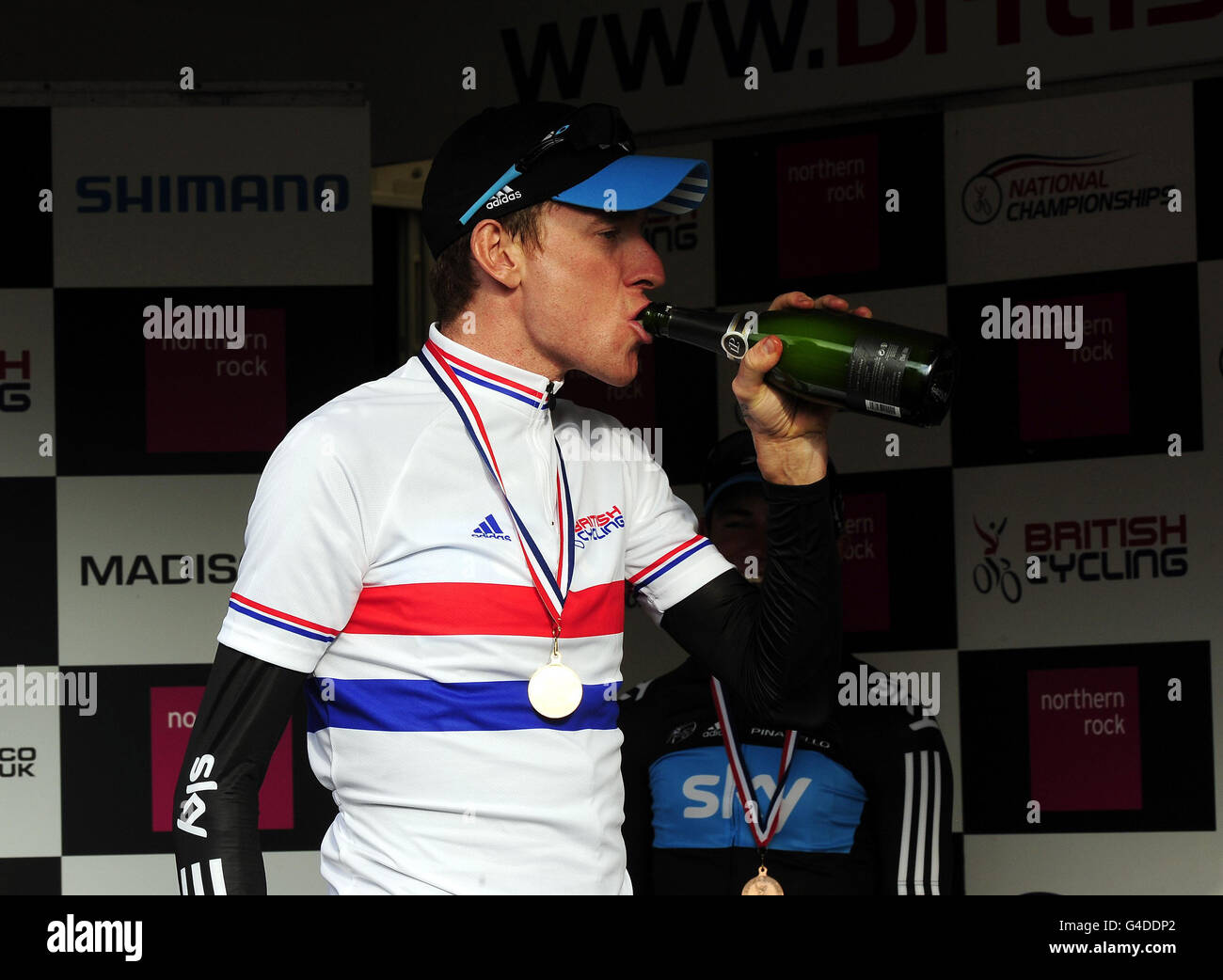 Bradley Wiggins of the Sky Cycling Team in his National Champions Jersey following his victory in the Men's National Elite Road Race Championships in Stamfordham. Stock Photo