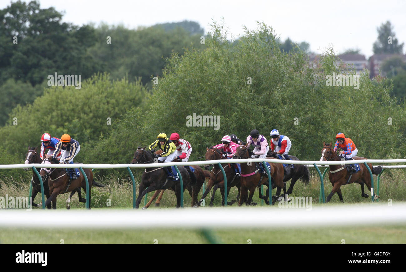 Urban Kode ridden by Kieran O'Neil (second left) goes on to win the Premier Planning Cautiously Managed Selling Stakes ahead of second placed Newby Lodge ridden by Shane Kelly (left) at Warwick Racecourse, Warwick. Stock Photo