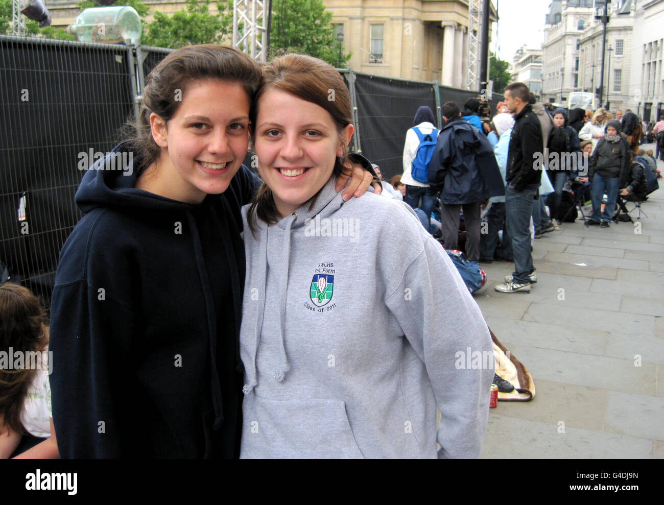 Sarah Elizabeth Routledge Lizzi Routledge, 18, (left) Sarah Edgeworth, 18, queue up at Trafalgar ...