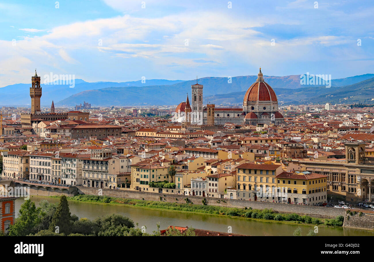 Great view of Florence in Italy with the dome of the Duomo and Palazzo Vecchio Stock Photo
