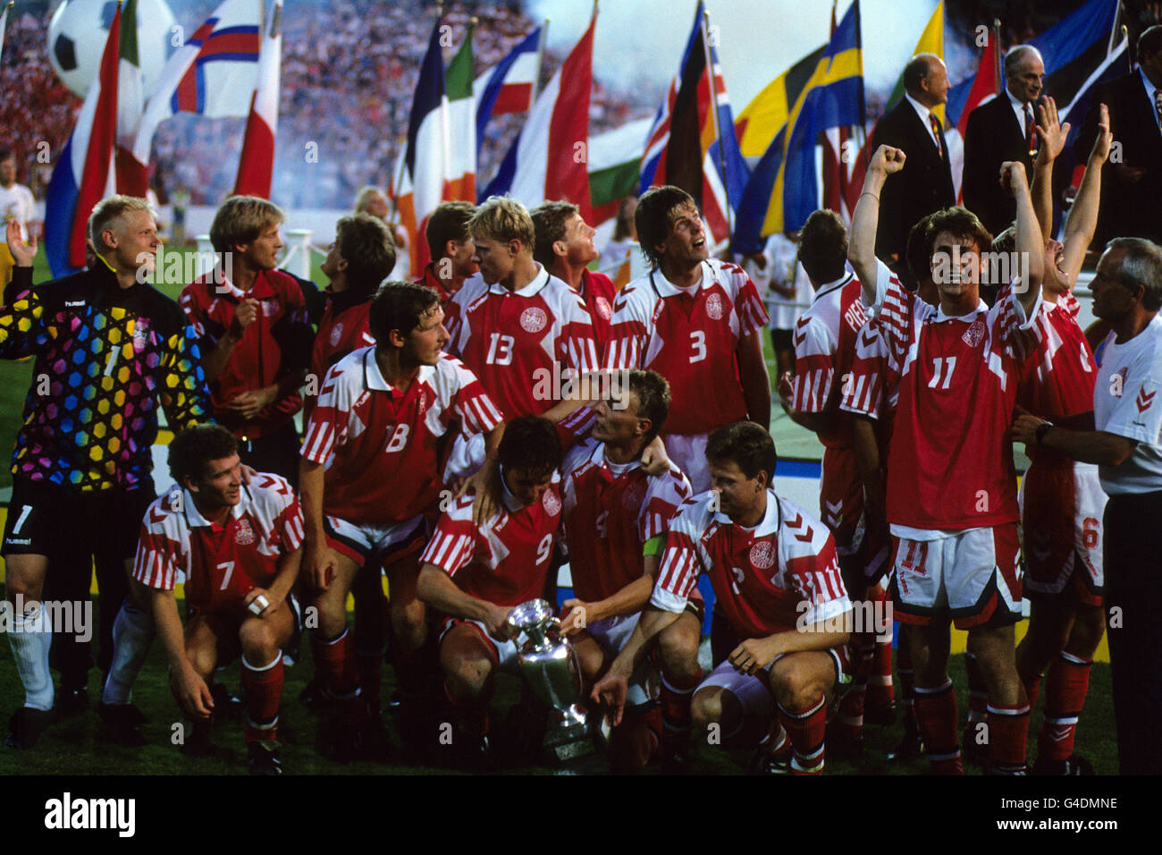 Soccer - European Championships - Final - Germany v Denmark - Ullevi, Gothenburg. The Denmark team celebrate victory over Germany in the 1992 European Championship Final Stock Photo