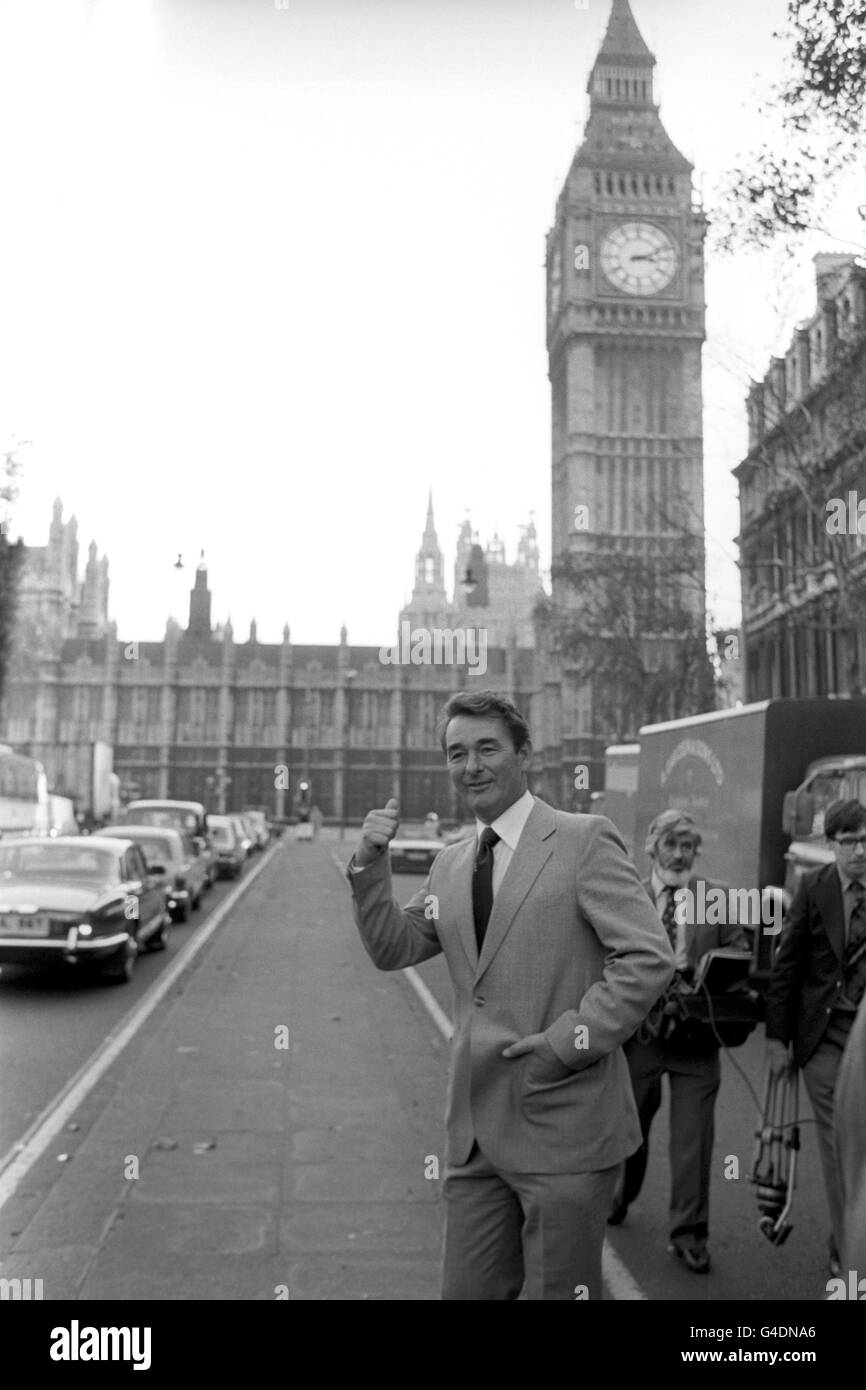 Nottingham Forest Manager Brian Clough outside the Houses of Parliament where he and assistant manager Peter Taylor (not pictured) will attend a lunch given by the All Commons Football Committee of the House of Commons to speak about the problems of violence on the terraces. Mr Clough is considering a future career as a Labour Party MP. Stock Photo