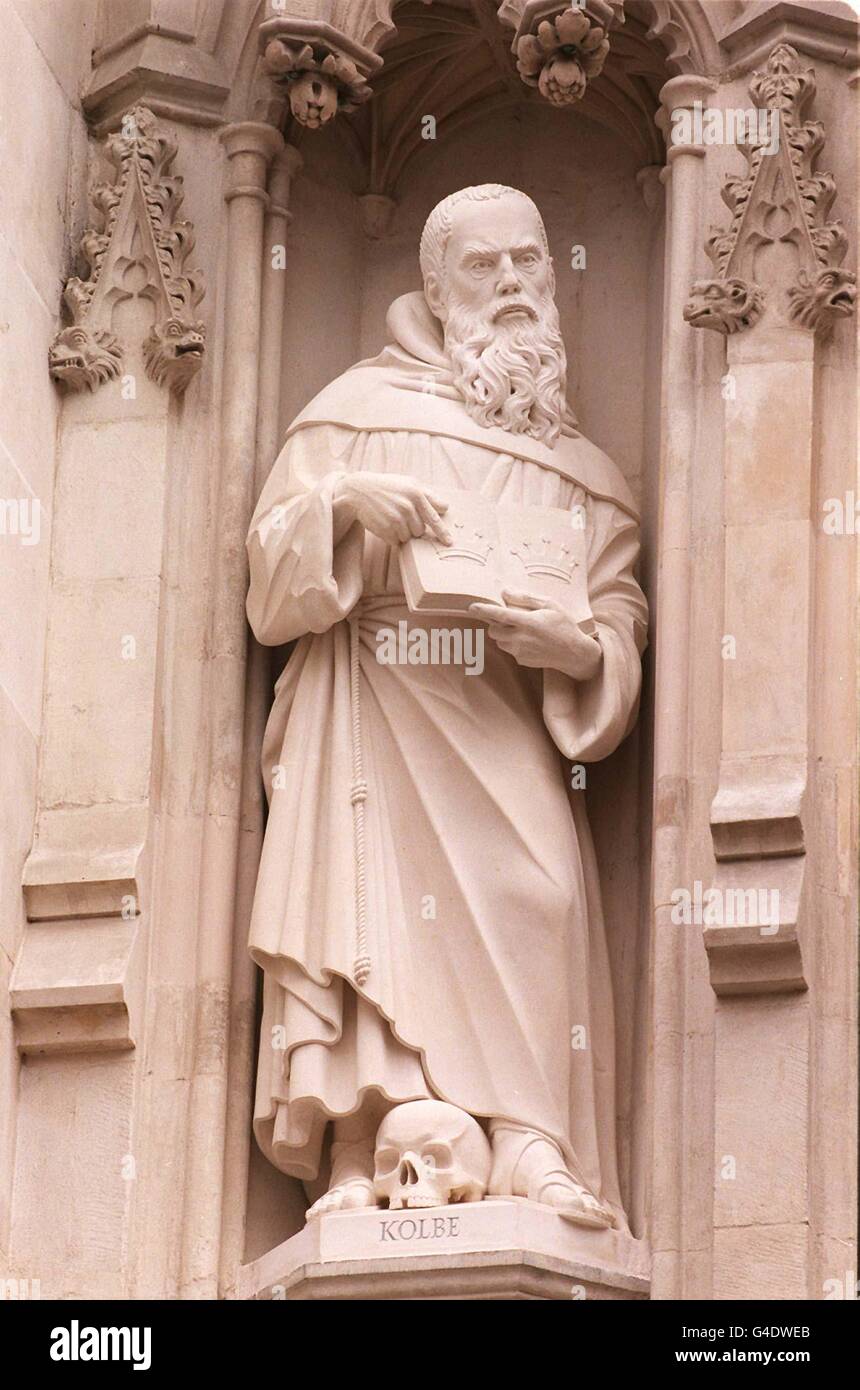 Maximilian Kolbe, sculpted by Andrew Tanser, one of ten new statues of Christian martyrs unveiled today (Thursday) over the Great West Door of Westminster Abbey. WPA Rota photo by John Stillwell/PA Stock Photo