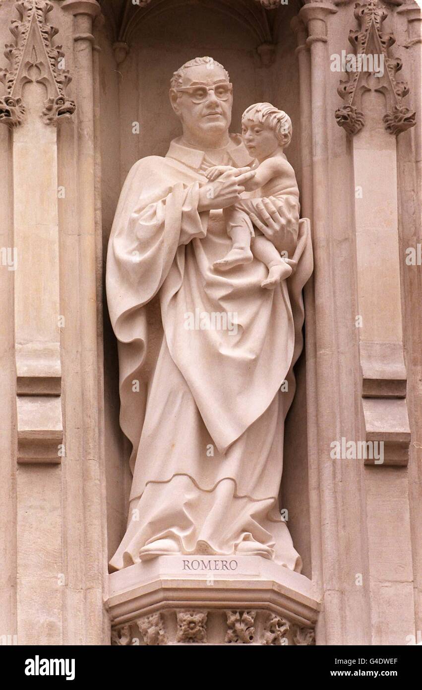 Oscar Romero sculpted by John Roberts, one of ten new statues of Christian martyrs unveiled today (Thursday) over the Great West Door of Westminster Abbey. WPA Rota photo by John Stillwell/PA Stock Photo