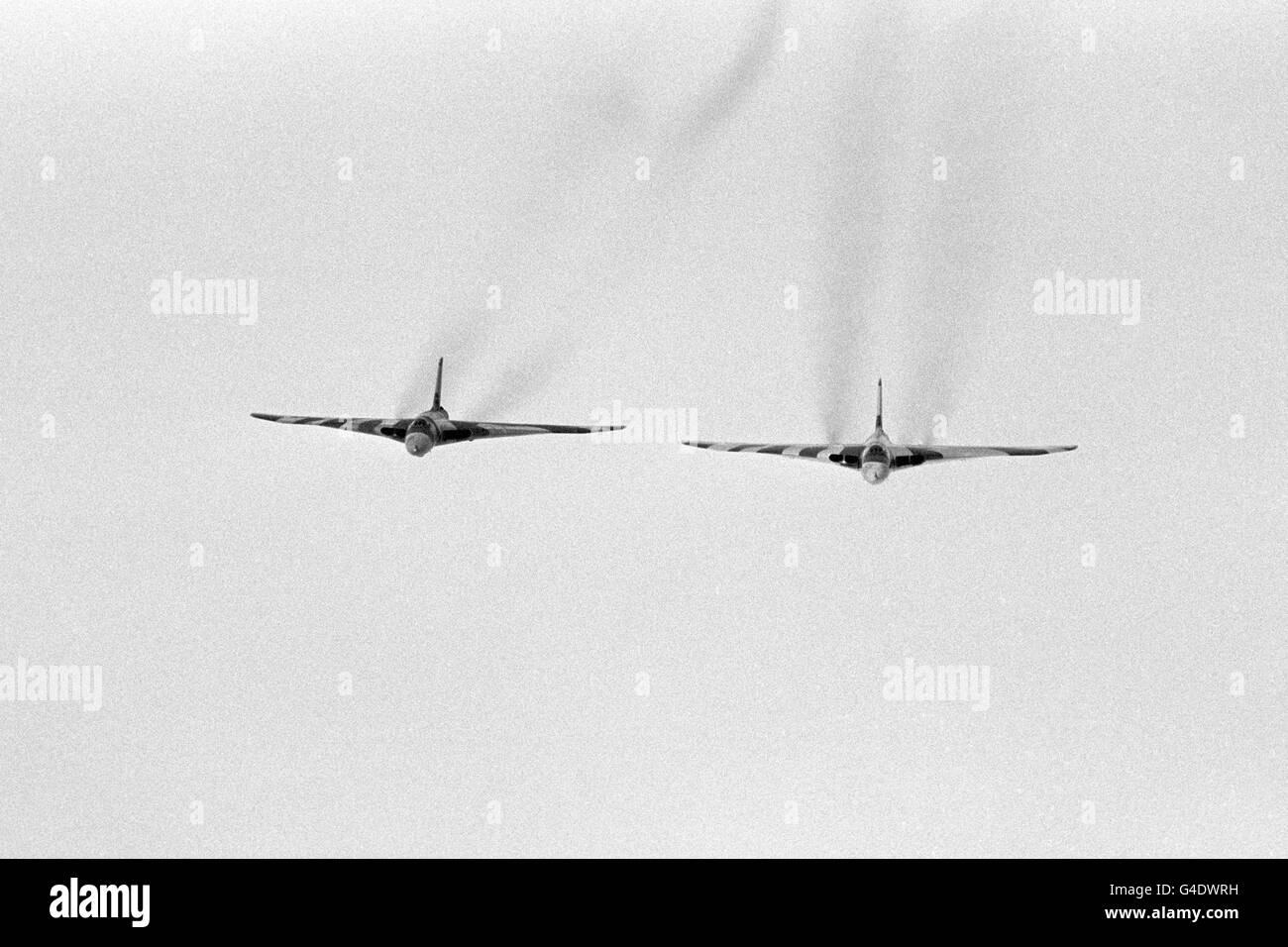 Two Avro Vulcan's in flight on the planes last scramble from RAF Waddington to mark the retirement of the bomber after more then 25 years Stock Photo