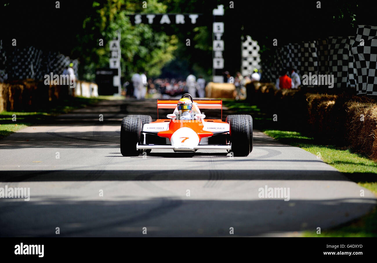 Lewis Hamilton drives a historic McLaren F1 car during the hill climb