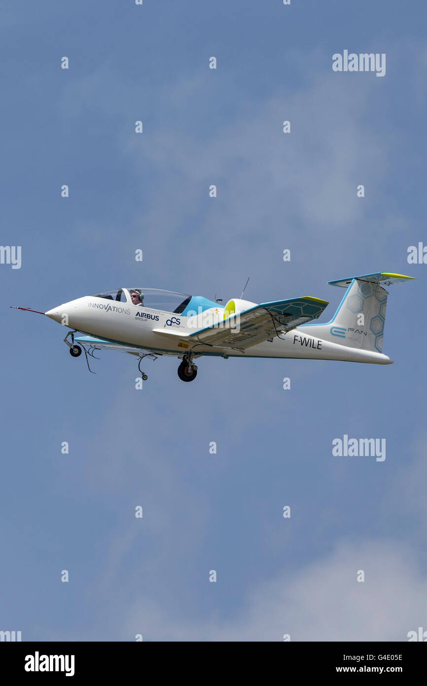 The Airbus E-Fan is a prototype electric aircraft being developed by Airbus Group being demonstrated at the Farnborough Airshow. Stock Photo