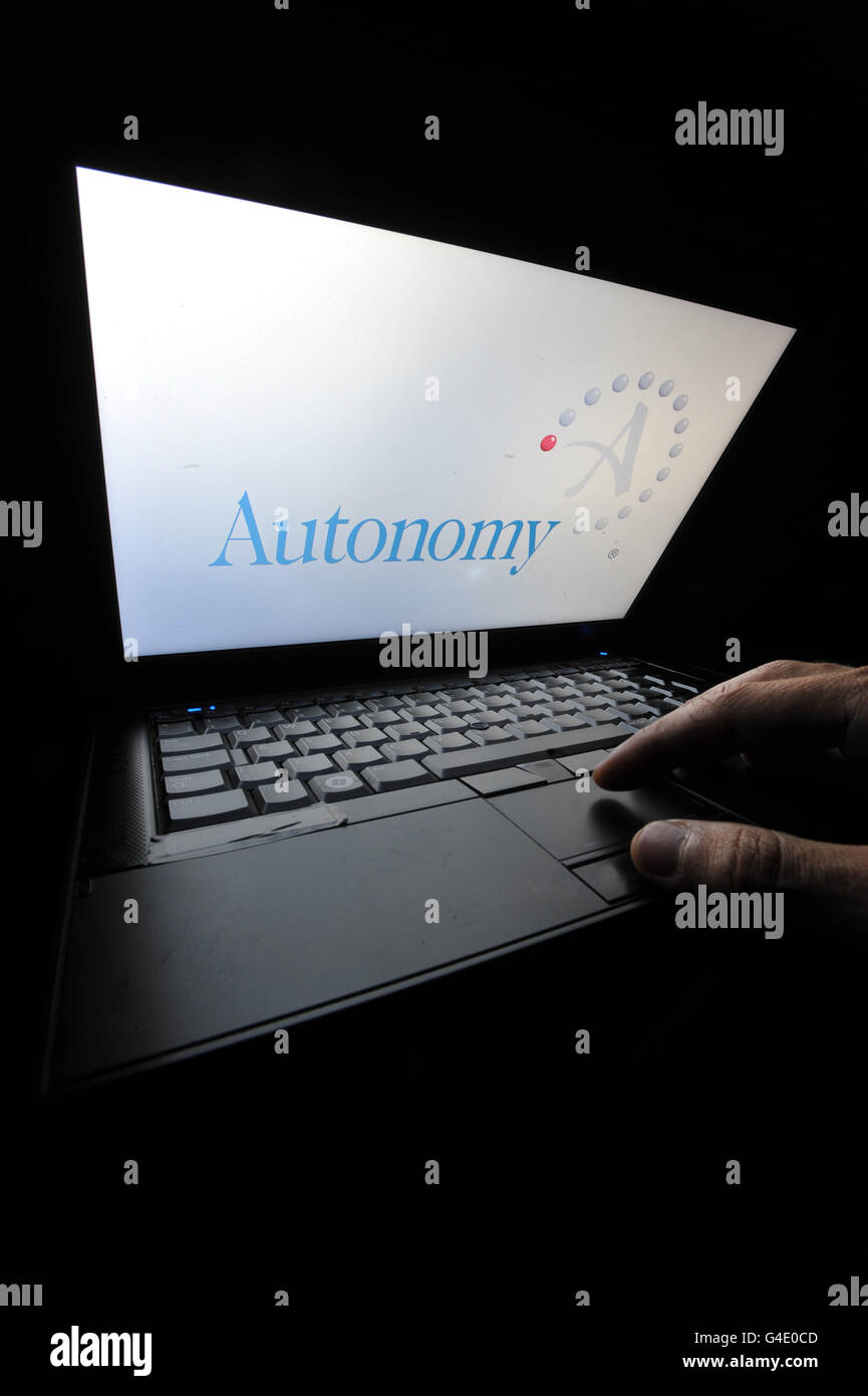 A laptop with the logo for Cambridge based software company Autonomy Corporation on the screen. Stock Photo
