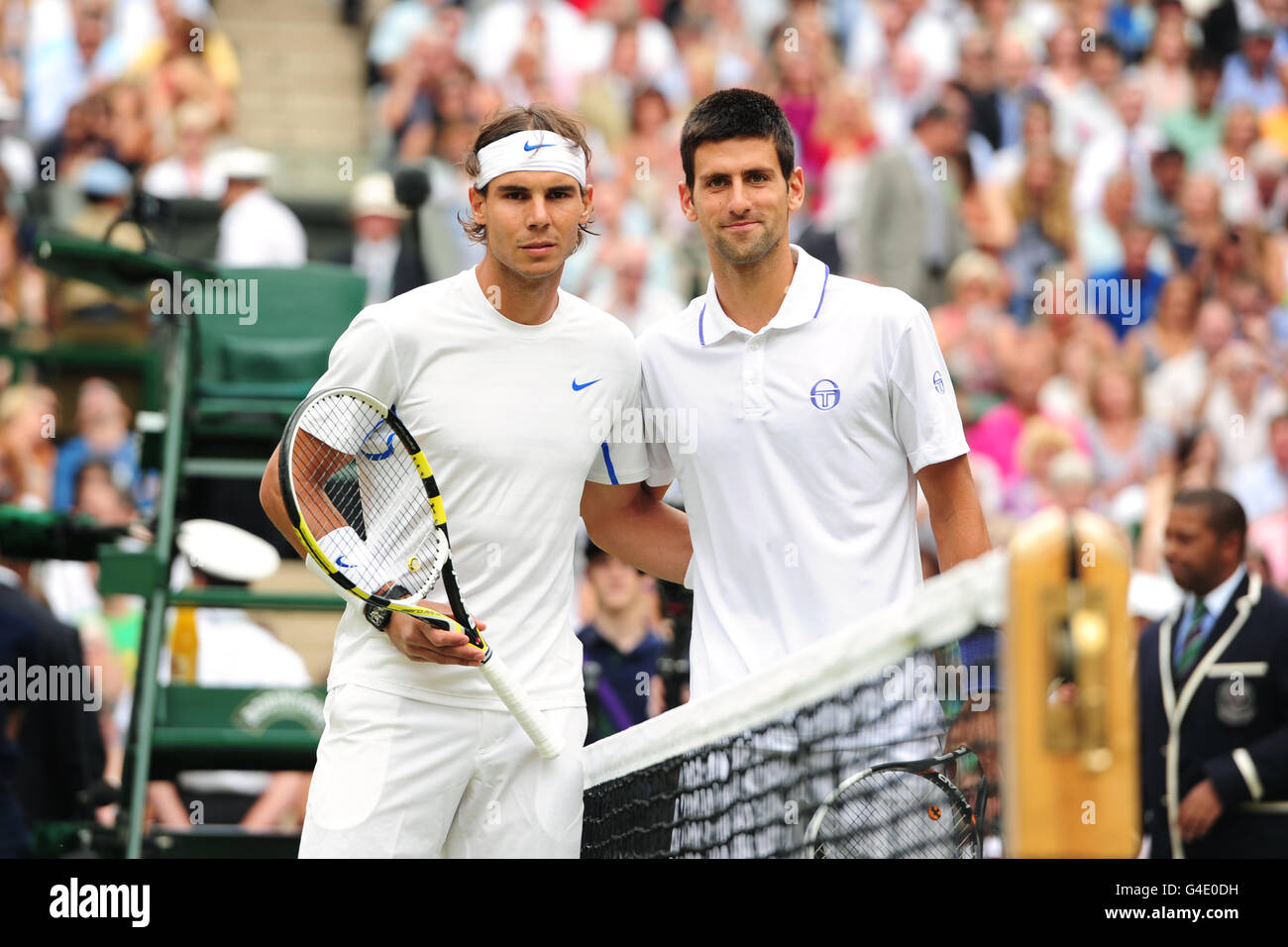 Tennis - 2011 Wimbledon Championships - Day Thirteen - The All England Lawn Tennis and Croquet Club. Spain's Rafael Nadal and Serbia's Novak Djokovic (right) before the men's singles final Stock Photo