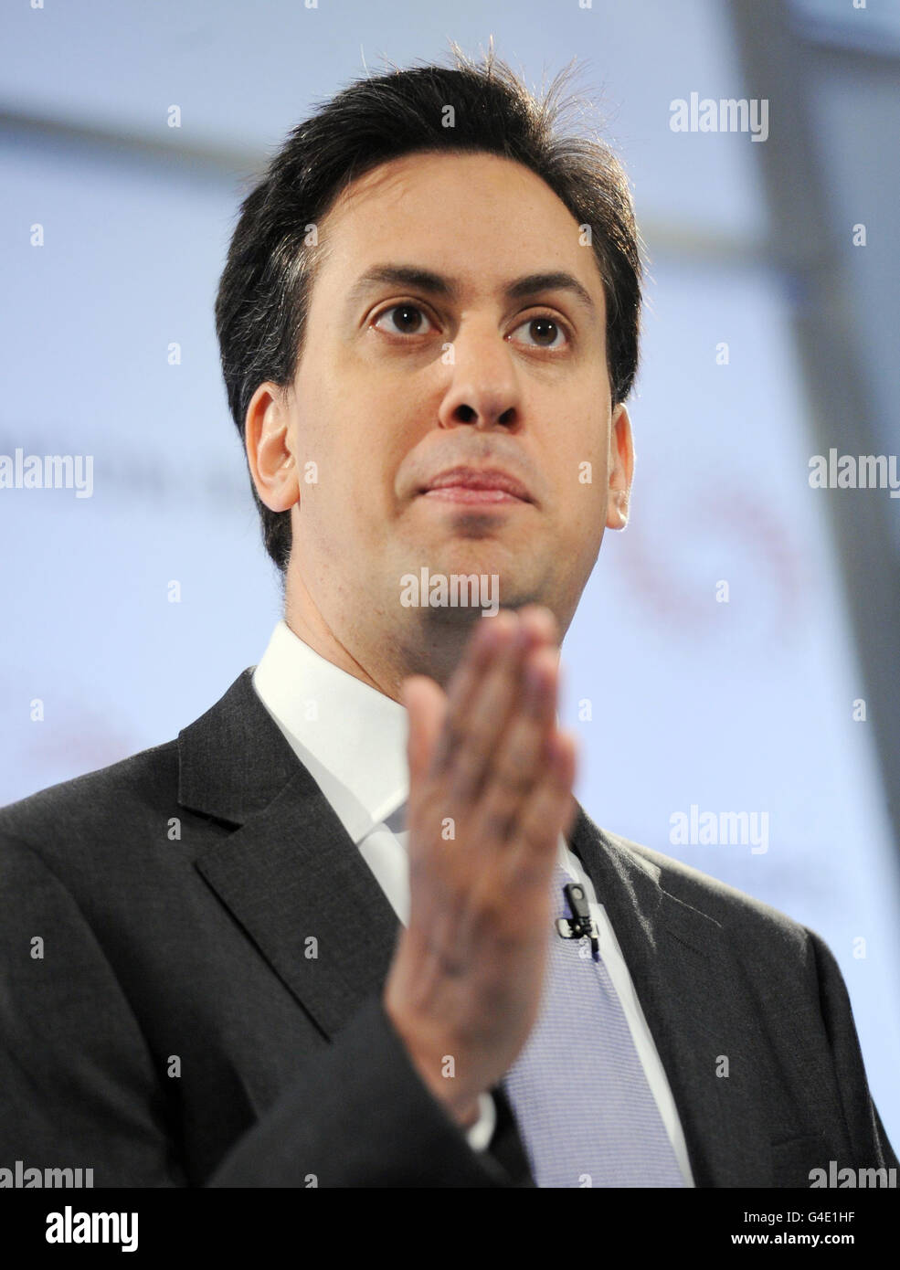 Labour party leader Ed Miliband makes a speech at the Thomson Reuters Building, London. Stock Photo