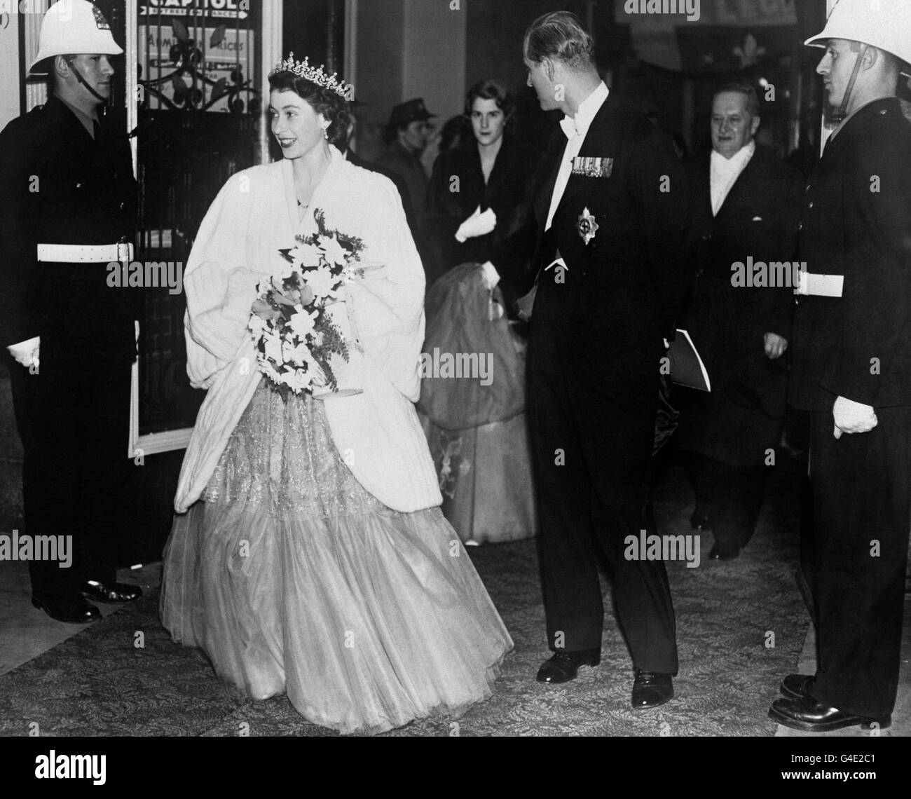 Princess Elizabeth and the Duke of Edinburgh on arrival at a State Banquet at the Chateau Frontenac in Quebec. Stock Photo