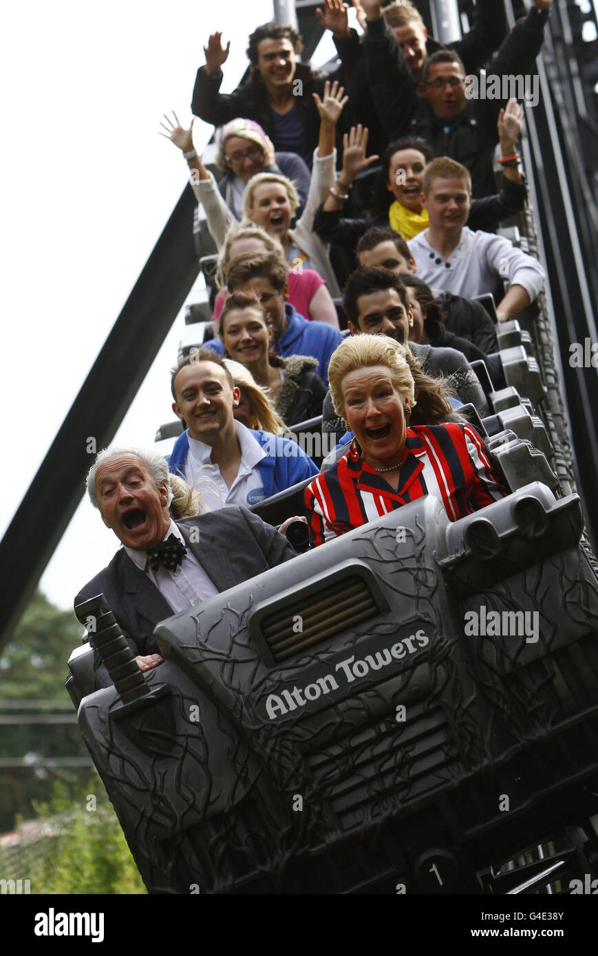 Neil and Christine Hamilton launch Alton Towers Resort's Roller Coaster Election by riding its 'Big Five' rides Nemesis, Oblivion, Air, Rita and TH13TEEN and casting a vote for their favourite ride. Stock Photo