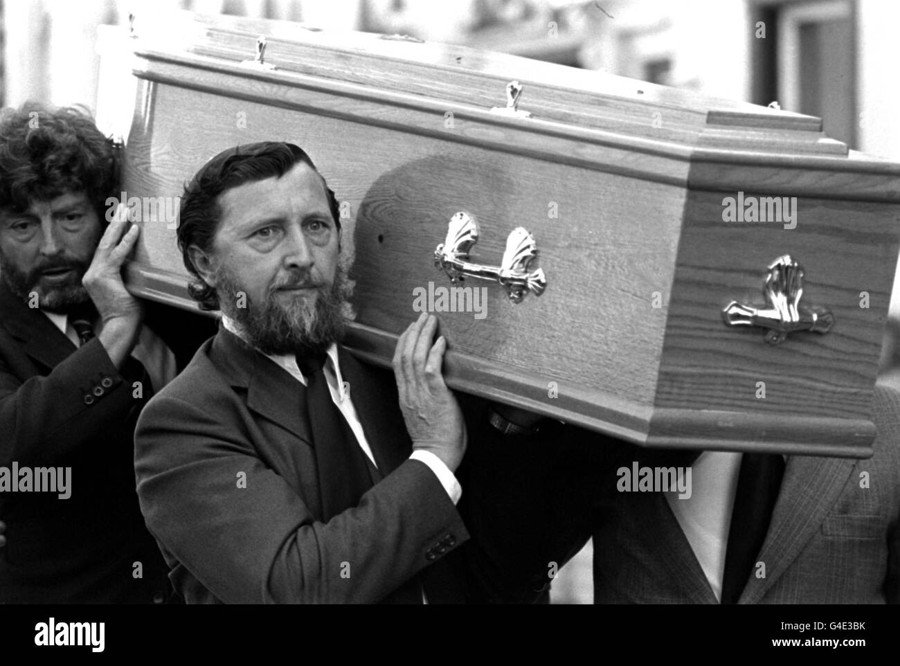 PA Library Photo dated 29/8/79 : John Maxwell (front) carries the coffin of his son Paul. The father of a teenager who died in the IRA explosion which killed Lord Mountbatten today (Friday) backed the Irish Government's decision to free bomber Tommy McMahon. John Maxwell said: 'Thomas McMahon has served his time and, if he is no longer a danger to society, then he should be released.' PA Photos. Stock Photo