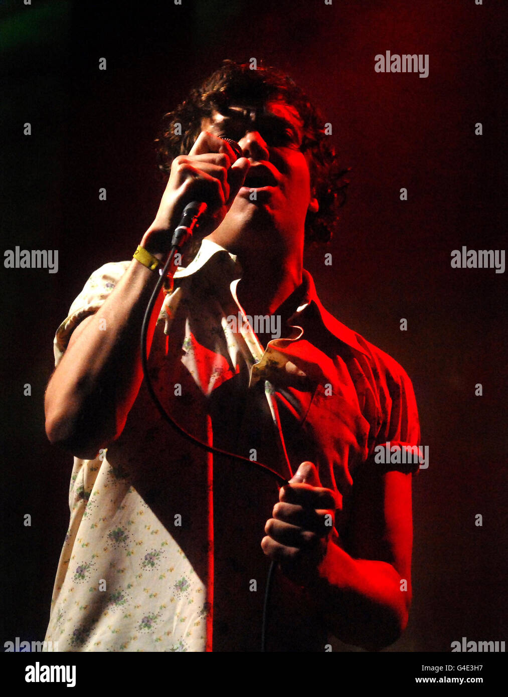 Ed Macfarlane of Friendly Fires performs on stage at the Roundhouse in north London, as part of the iTunes Festival. Stock Photo