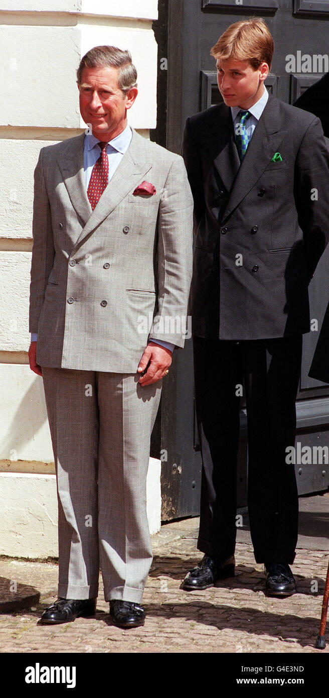 This is one of a series of pictures being transmitted 17 August 1998 to accompany package of stories in advance of the first anniversary of the death of Diana, Princess of Wales. Prince Charles and Prince William outside Clarence House, London, for the 98th birthday of the Queen Mother. Photo by John Stillwell/PA Stock Photo
