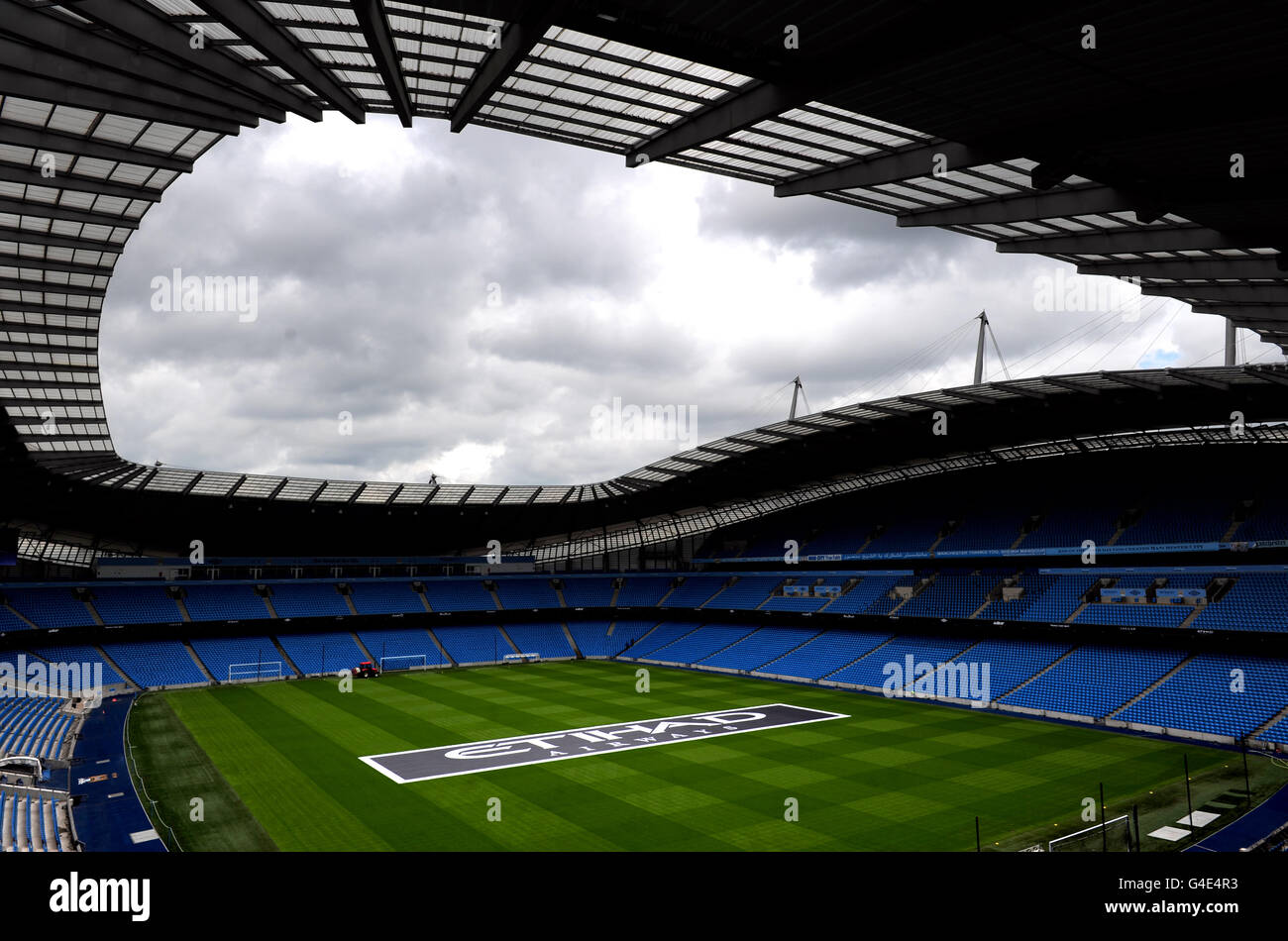 A general view of the Etihad Stadium with Etihad Airways branding on ...