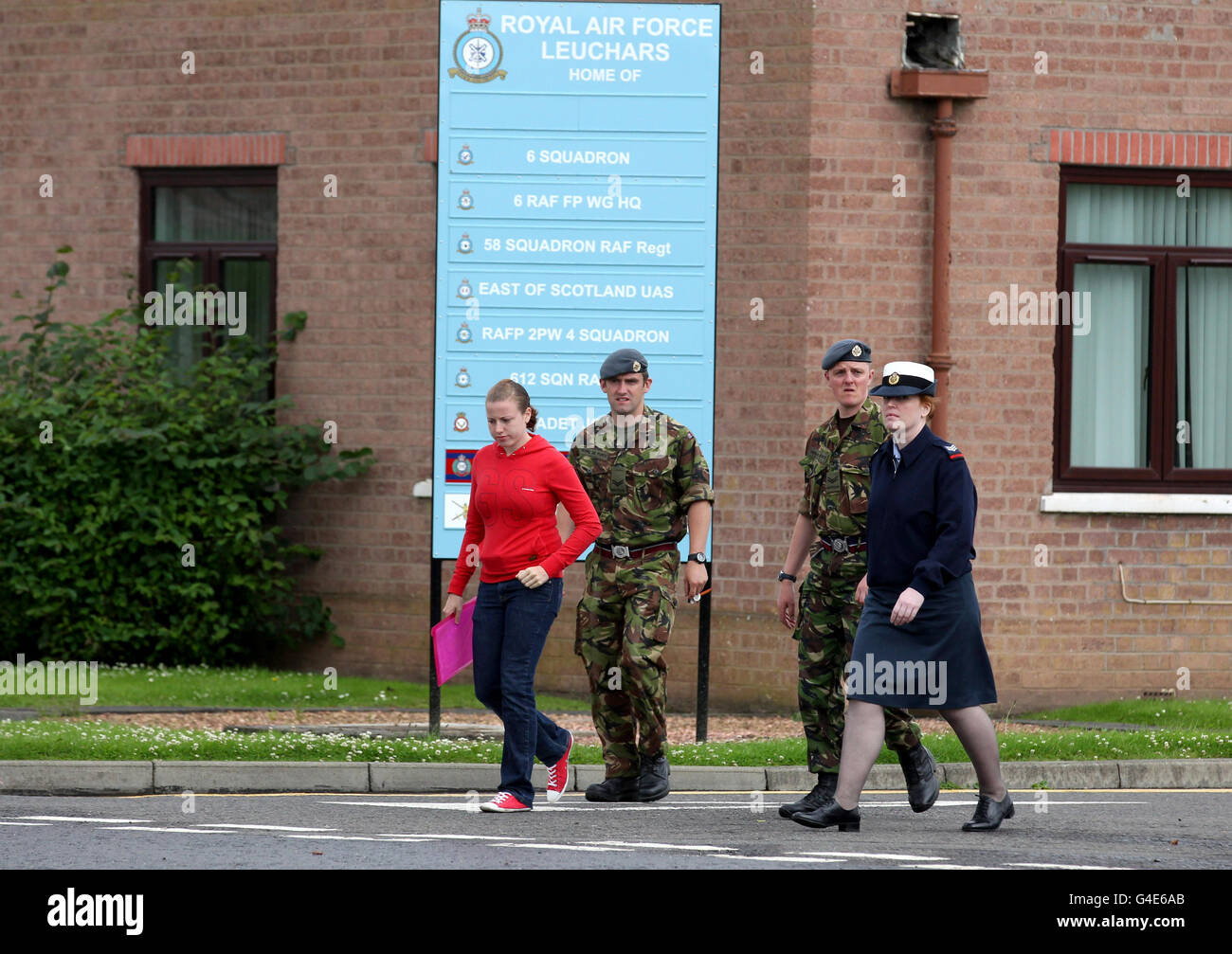 Royal Air Force personnel leave RAF Leuchars after being told the air base will become an army base, with its Typhoons leaving for RAF Lossiemouth in 2013, and the army taking residence at a later date. Stock Photo