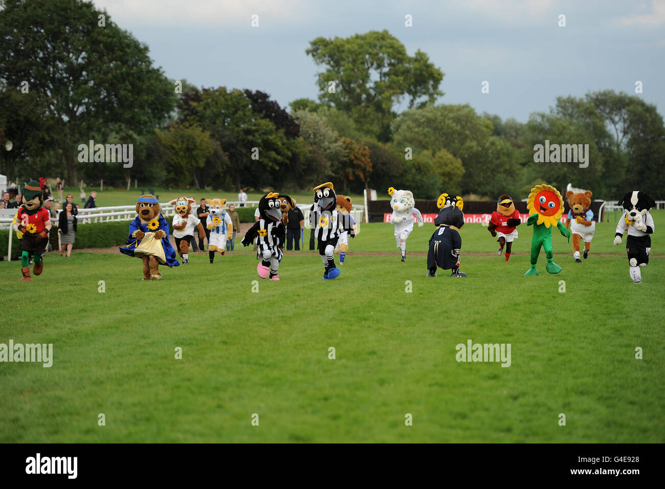 Mascots start in The Sunflower Sprint mascot race at Uttoxeter