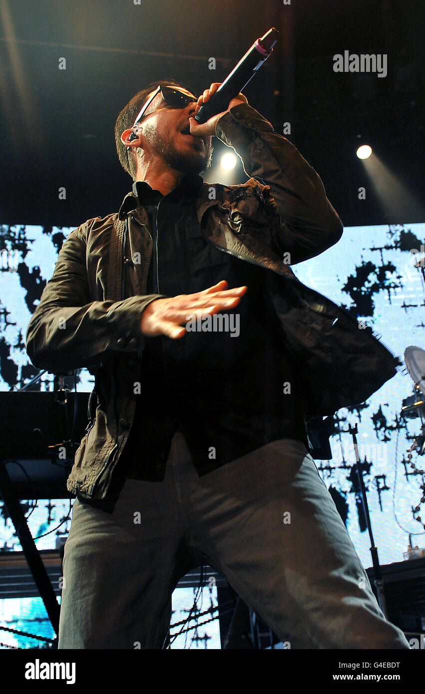 Mike Shinoda of Linkin Park performs on stage at The Roundhouse in north London, as part of the iTunes Festival 2011. Stock Photo