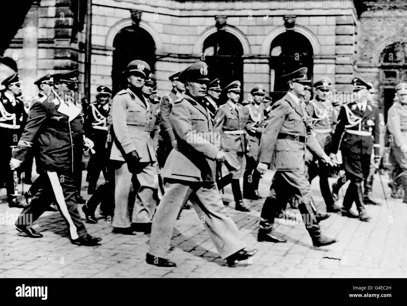 PA NEWS PHOTO dated 1939 of (from left) Hermann Goering, Count Ciano, Benito Mussolini, Adolf Hitler and Heinrich Himmler (in SS uniform) . Documents made public for the first time today (Thursday) reveal a 'top secret' document set out in stark terms the objective of the mission: 'The elimination of Hitler and any high-ranking Nazis or members of the Fuehrer's entourage who may be present.'See PA story DEFENCE Records/PA Stock Photo