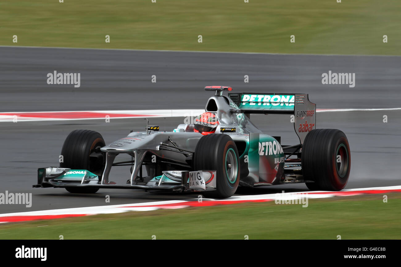 Mercedes GP driver Michael Schumacher of Germany during practice during Practice for the Formula One Santander British Grand Prix at Silverstone Circuit, Northampton. Stock Photo