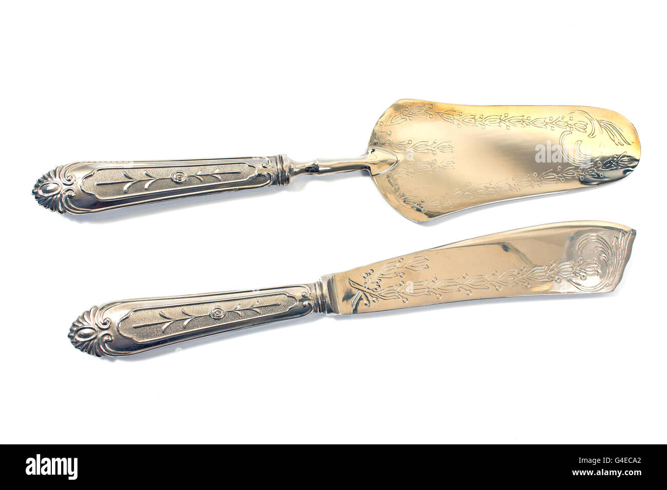 Silver cake knife and spatula isolated on white Stock Photo Alamy