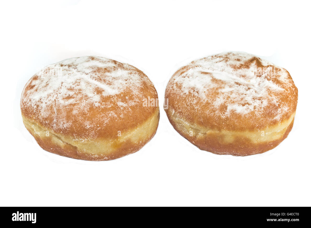 Two berliner donuts powdered with sugar isolated on white Stock Photo