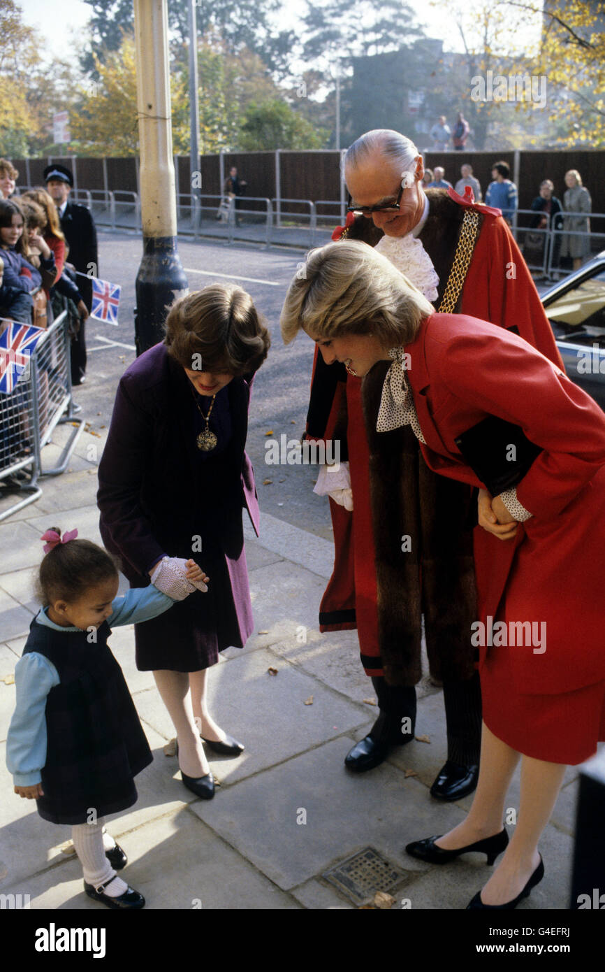 Two year old Zoe Morris is reluctant to shake the hand of the Princess of Wales at the West Indian Family Centre, in Brixton, London. Stock Photo